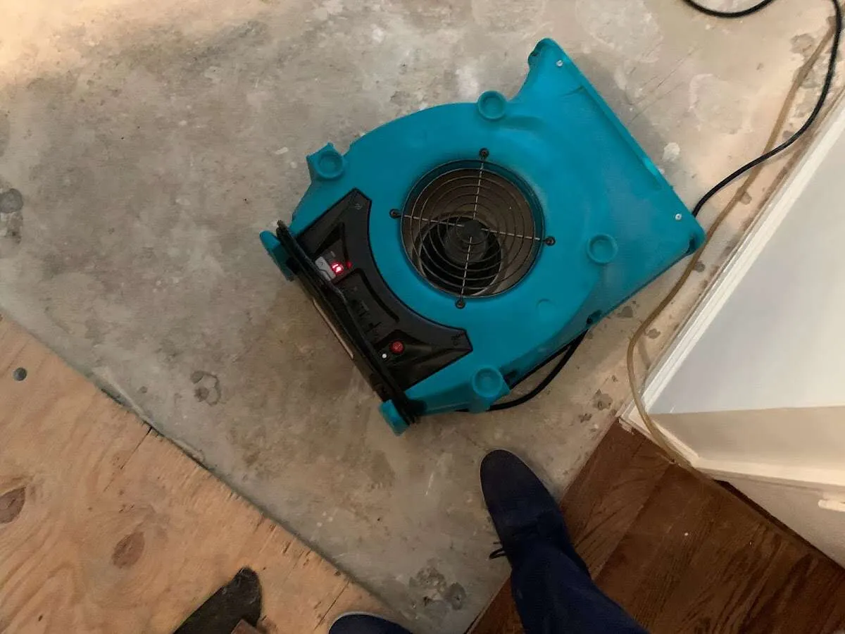 Air mover drying subfloor during Leak Detection & Repair in James Island